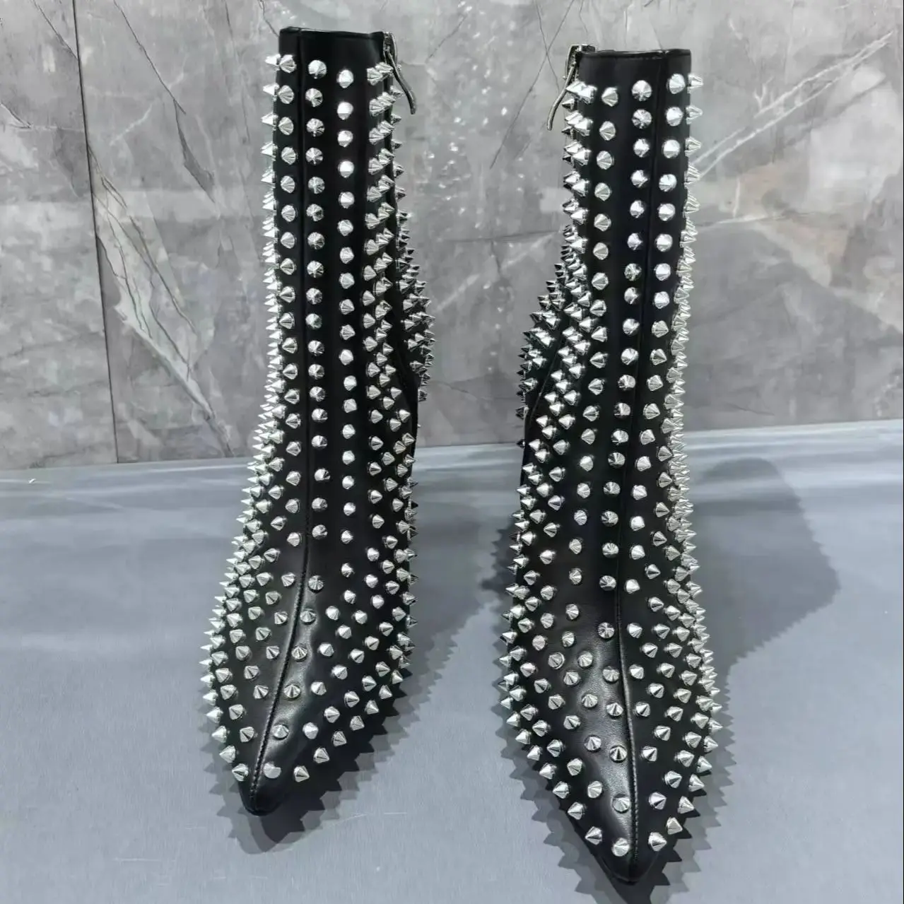 Metal Rivets Full Of Black Leather Mid-Calf Boots For Women Pointed Toe Back Zipper Botas Femininas 10cm Stiletto High Heels New