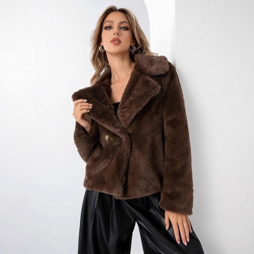 

Fashion Brown Faux Fur Coat Women's Lapel Loose Double Braested Long Sleeves Thick Plush Short Jacket Coat Women Winter Jacket