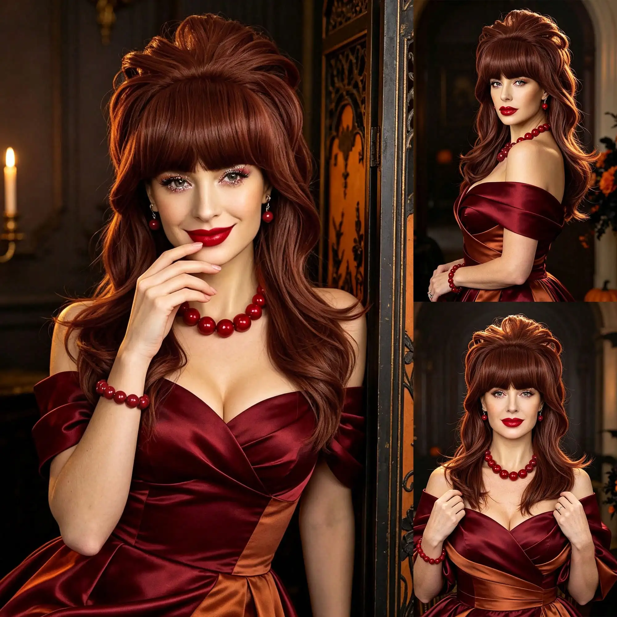 Retro Beehive Cosplay Wig Reddish Brown Medium Length Curly Wig with Bangs for Women Vintage Daily Anime Cosplay Party Dress Up