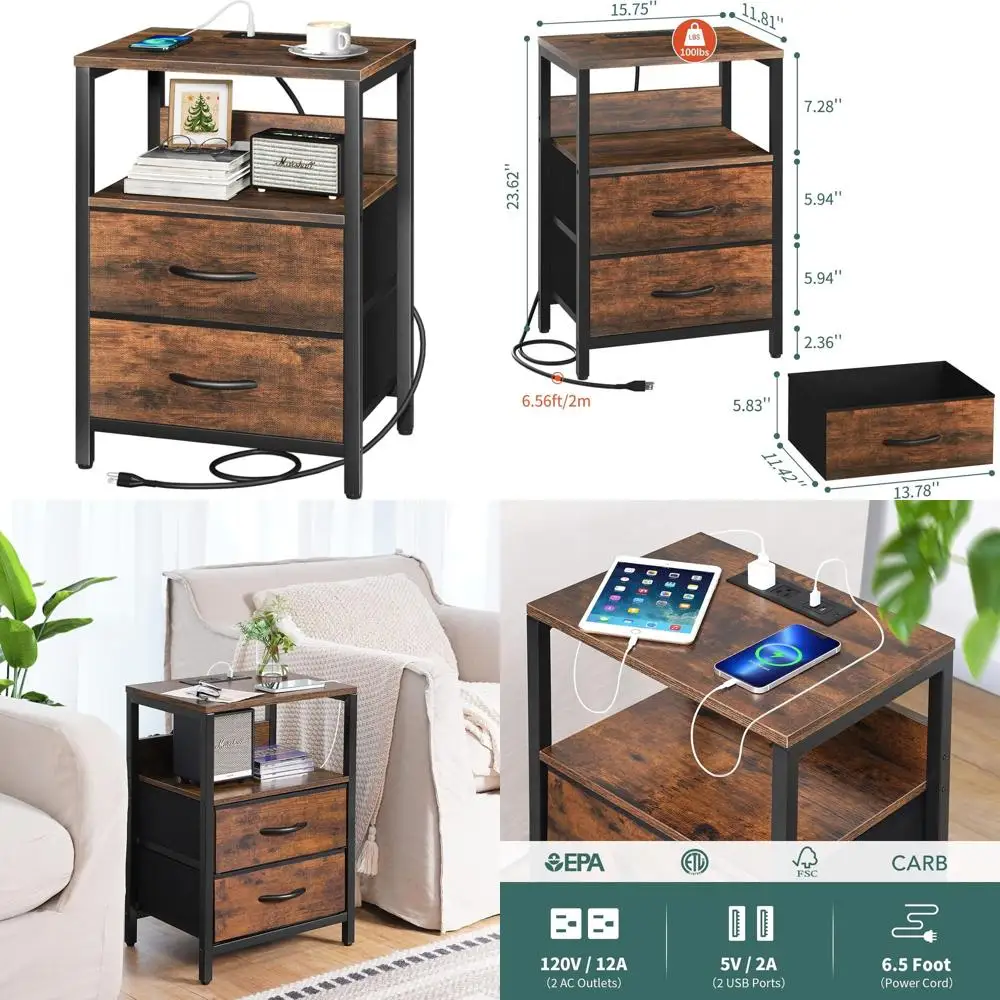 

Компактная прикроватная тумбочка с тканевыми ящиками и местом для хранения для спален и небольших помещений