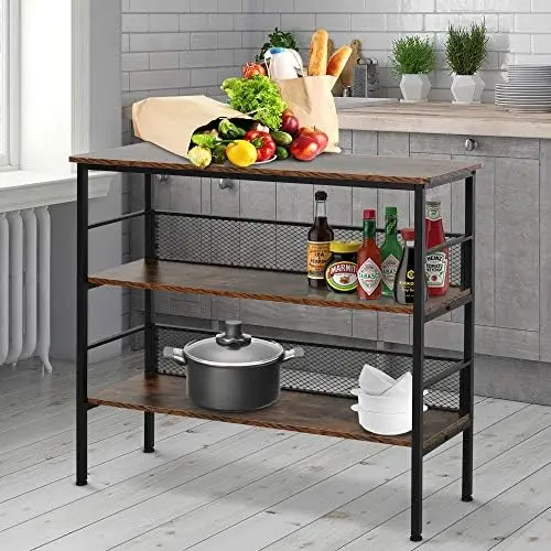 3-Tier Console Table Industrial Style  Metal Wooden  with  Robust Multi-Functional Design & Adjustable Feet, Black
