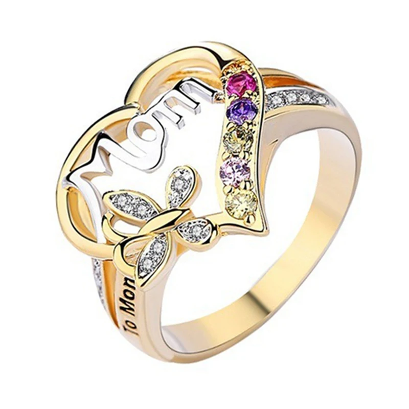 Mothers Day Gift Mom Hollow Out Design Heart Butterfly Crystal Ring Women Mum Love Jewelry