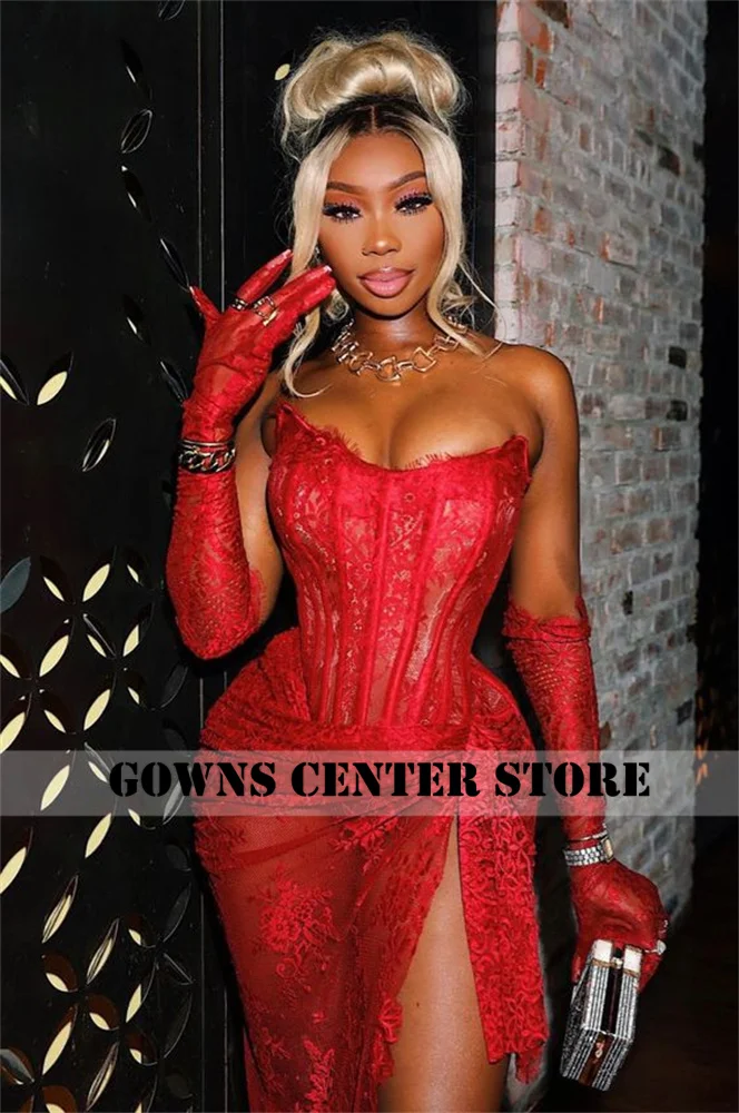 Sexy Red Lace Prom Dress 2024 For Black Girls Strapless Birthday Party Gowns With Gloves Mini Cocktail Homecoming Customized