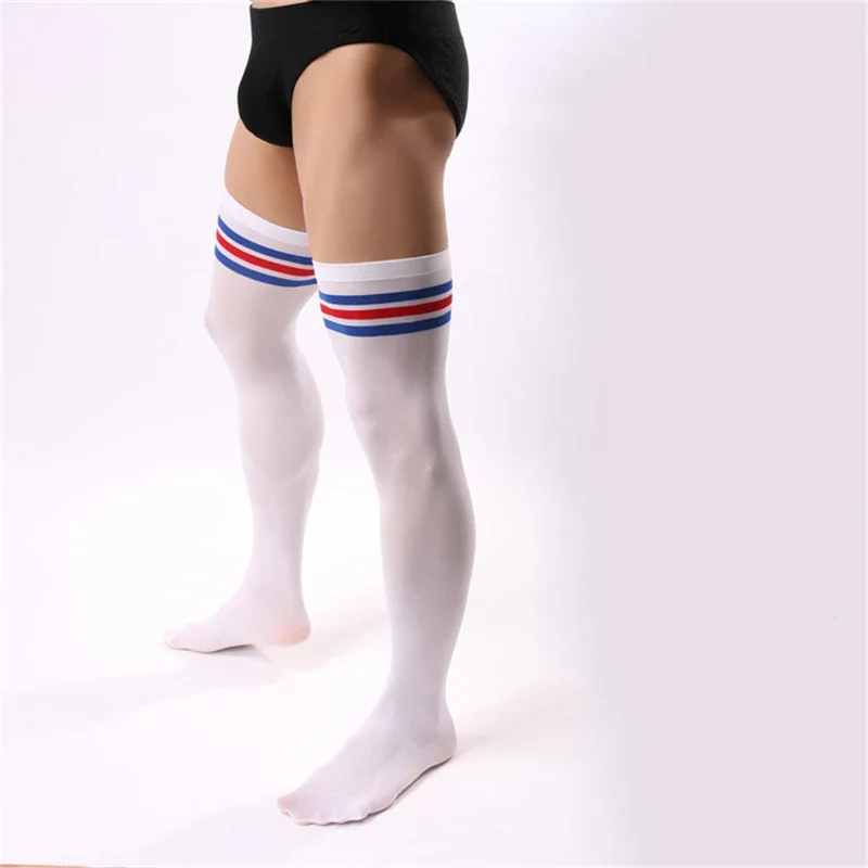 1 Pair New Mens Socks Man High Elastic Football Sports Long Socks Men Breathable Velvet Thigh Socks Man\'s Striped Silk Stockings