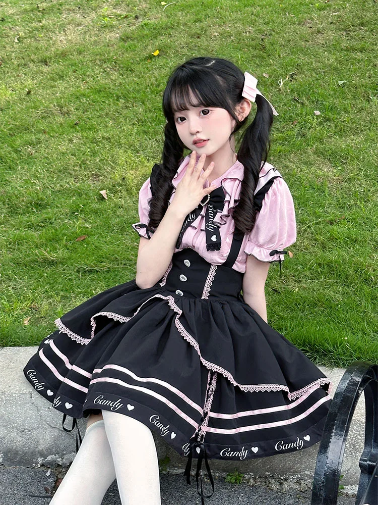 2024 Sweet Girl Suit Slim Fit Black Suspender Dress Short Sleeved Pink Blouse Harajuku Japanese Lolita Design Women\'s Clothing