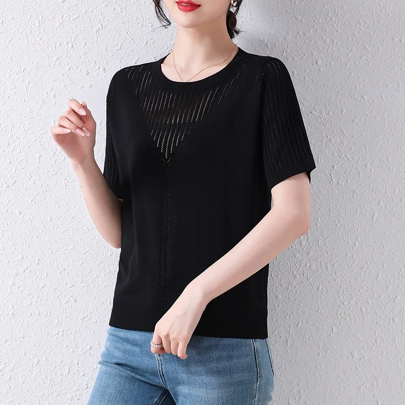 TuangBiang Female Summer Cotton Pullover 2023 Hollow Out O-Neck Short Sleeves Knitted T-Shirts Women Autumn Thin Loose Pink Tops