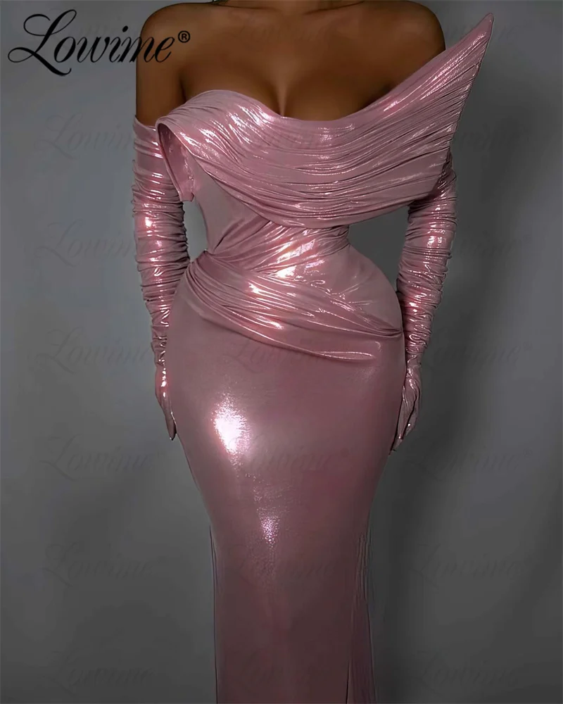 Shiny Fabric Pink Mermaid Engagement Dresses 2025 Customized Women Party Dress For Weddings Robe De Soiree Without Gloves