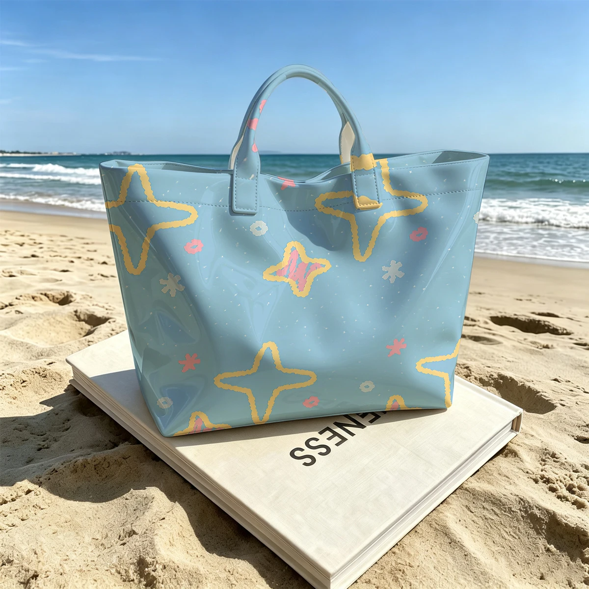 Blue Star Sky Fashion Large Glossy PVC Tote Bag Hand Washable Waterproof Perfect Travel Commute Cosmetic Storage Shopper