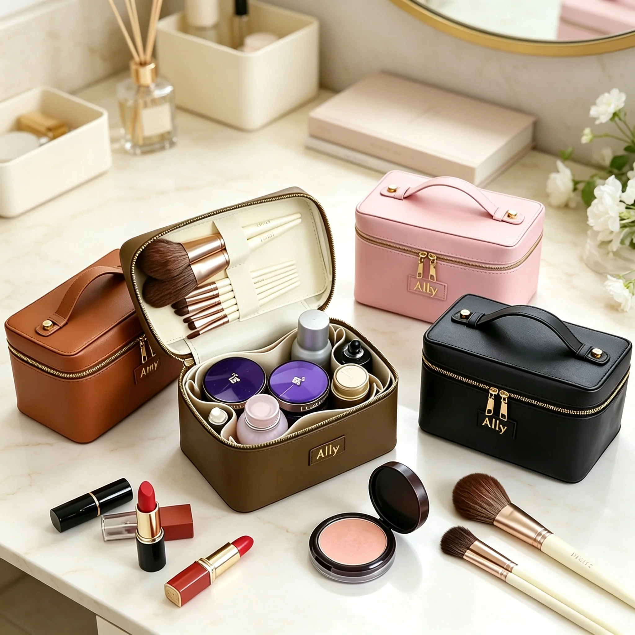 Customized Name PU Leather Cosmetic Bag with Zoned Storage and Large Capacity Travel Toiletry Bag for Autumn Winter New Arrivals