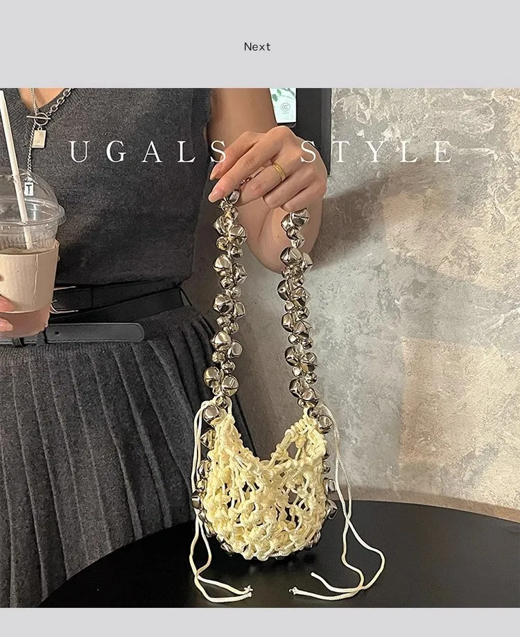 

Fashion Nylon Rope Woven Handmade Handbag Hollow Out Fishnet Casual Bag Small Bell Shoulder Underarm Bag Female Mobile Phone Bag