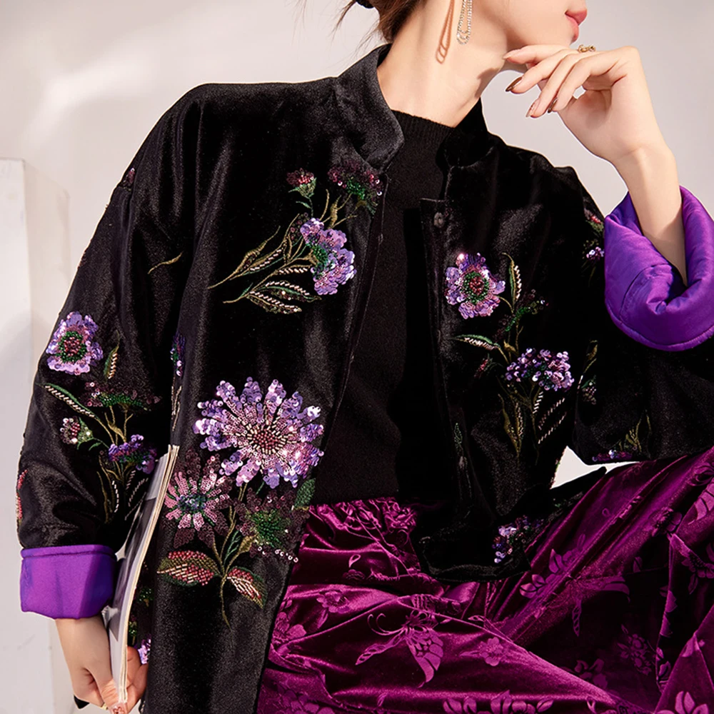 2024 autumn new Chinese national traditional embroidery sequin coat women retro temperament flowers embroidered jacket