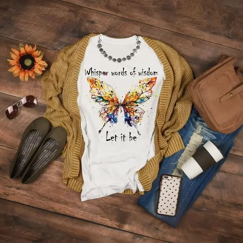 t-shirt Butterfly  Beatles Lyrics Hippie  Fashion Casual  Round Neck Female Shirt Short Sleeve Top Tees goth