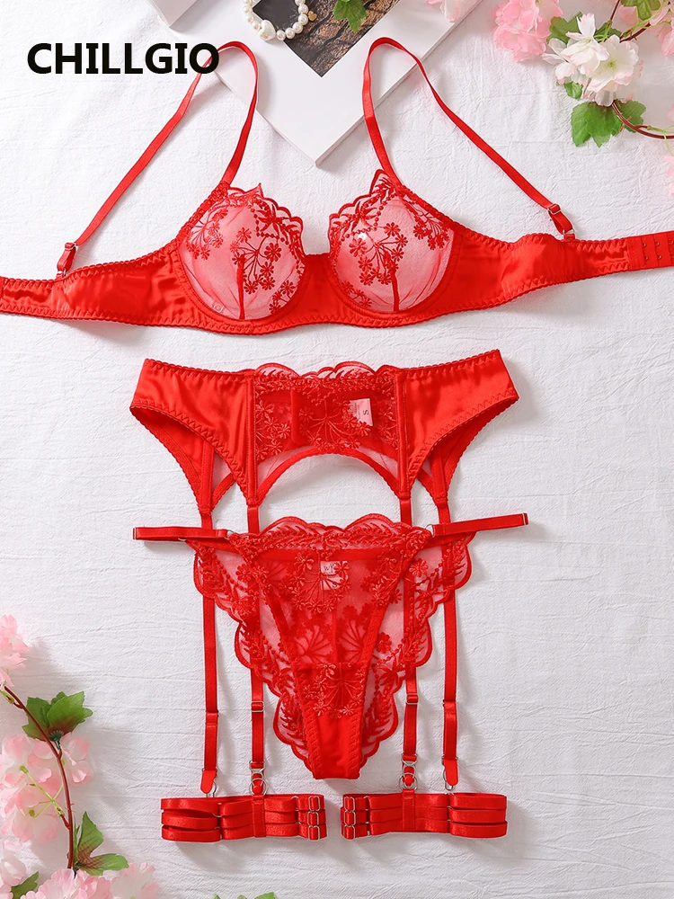 CHILLGIO مثير المرأة الأزهار التطريز الدانتيل الصدرية موجز الدعاوى Bodycon دفع Underwire الملابس الداخلية الحميمة أربع قطع أطقم داخلية جريمي