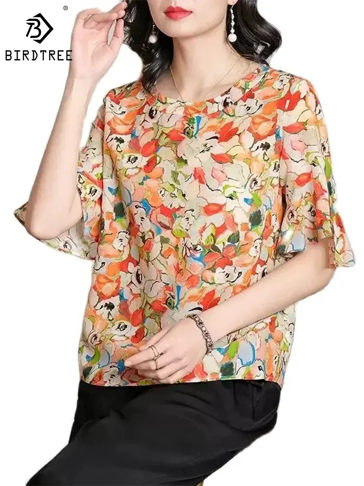 

BirdTree 100%Mulberry Silk Shirt for Women, Ruffle Sleeve Floral Print, Fashion Elegant OL Blouses, 2024 Spring New Top T42288QM