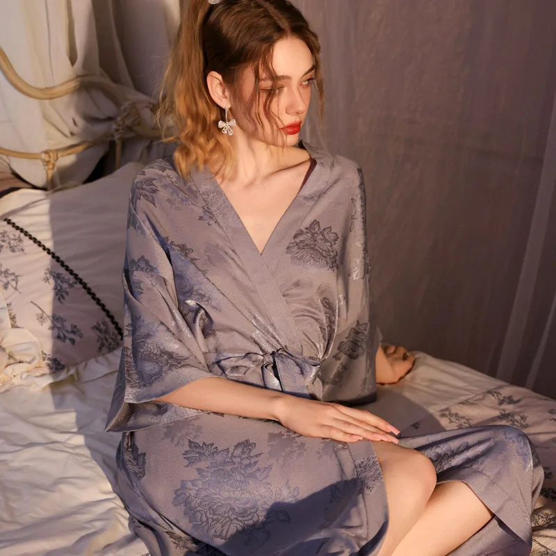 

Elegant Female Long Robe Home Dress Kimono Bathrobe Gown Sexy Ice Silk Jacquard Satin Sleepwear Loose Loungewear