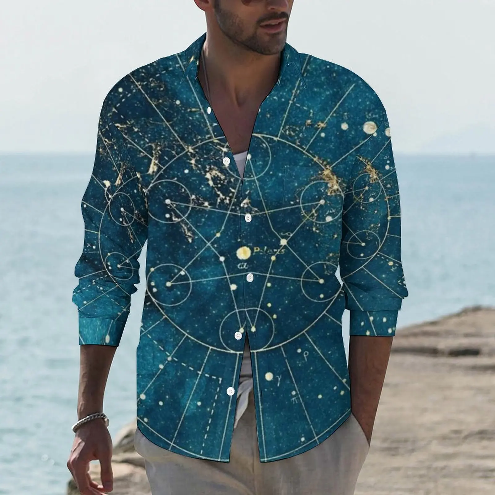 Night Symbol Print Shirt Autumn Star Map City Lights Casual Shirts Man Retro Blouses Long Sleeve Graphic Street Style Clothing