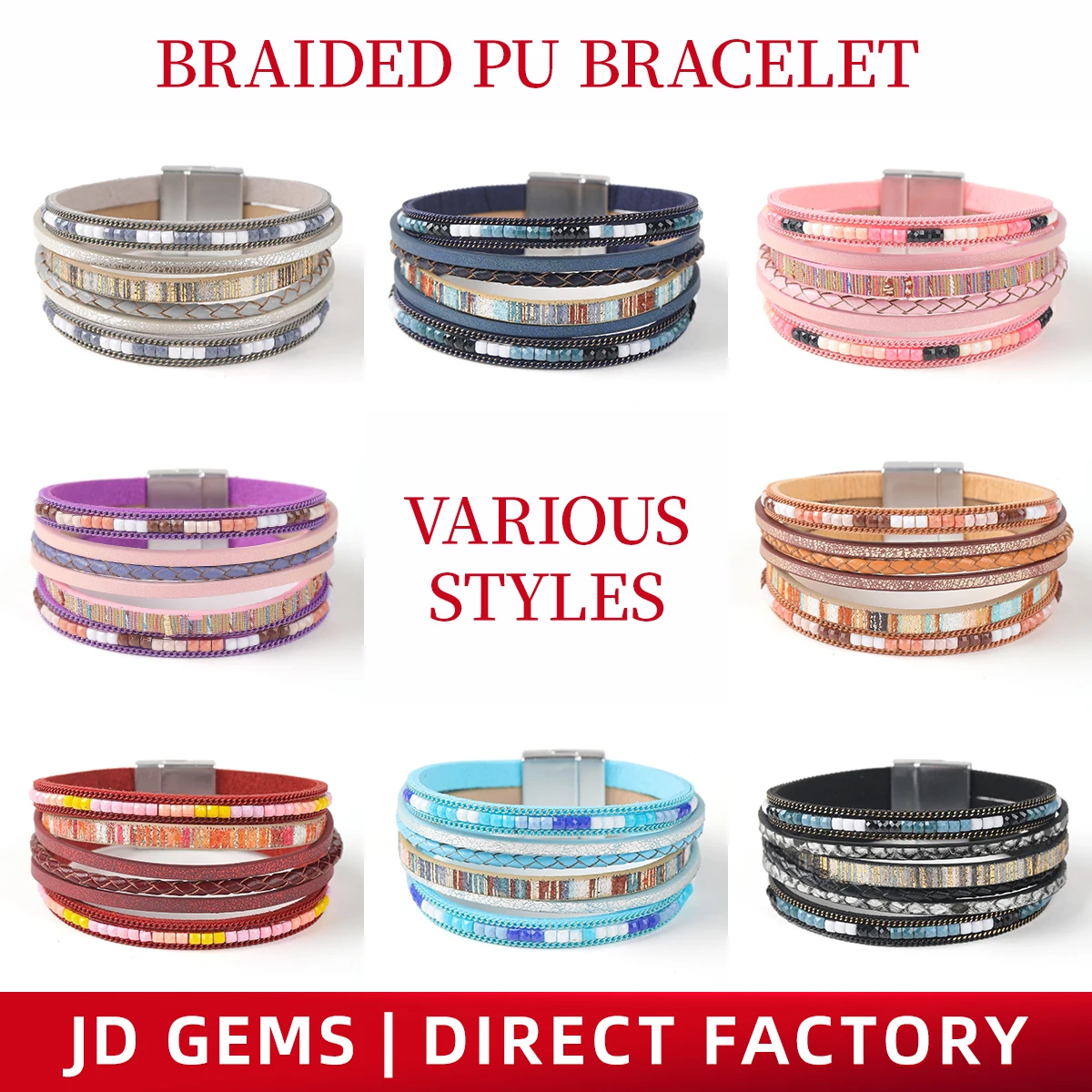 Bohemian Handmade Leather Bracelet for Women Alloy Magnetic Clasp Multi-layer PU Cuff Fashion Jewelry Accessories