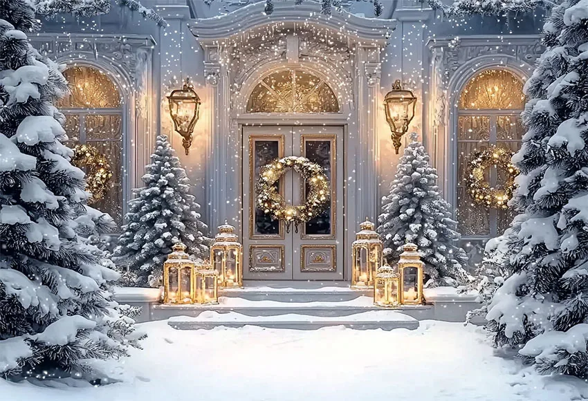 Mehofond Christmas Dreamy Palace Wall Photography Background Kids Decor Xmas Tree Snowland Wreath Decor Photo Studio Backdrop