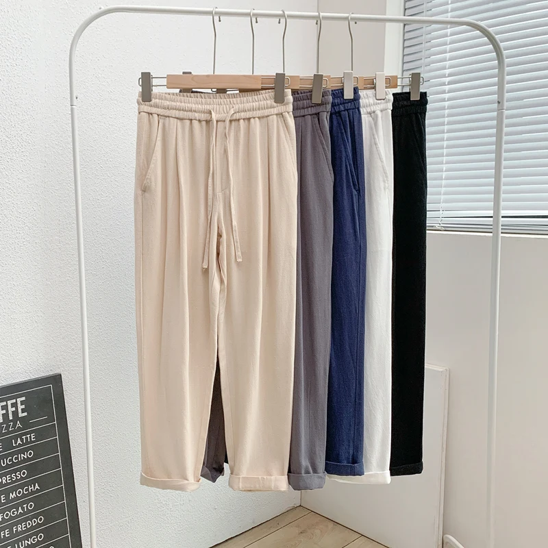 

Летние мужские прямые брюки, тонкие драпированные широкие брюки, шелковые льняные повседневные длинные брюки, легкие спортивные свободные спортивные штаны