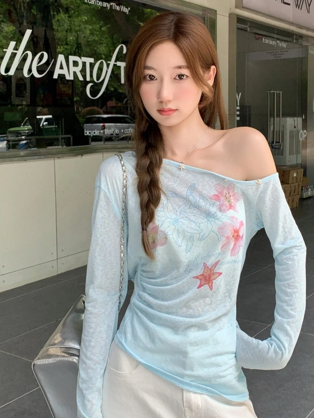 American Sweet Print Shoulder Bared Long Sleeve T Shirt Women Summer Beautiful Sun Protection Thin Shoulder Top Polyester Fiber