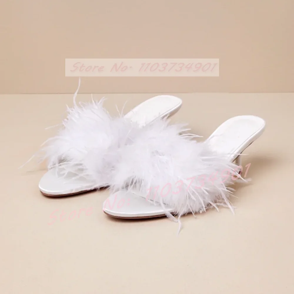 Pink Feather High Heels Slippers Female Sweet Casual Open Toe Patent Leather Shoes Women Elegant Luxury Party Outdoor Slippers - view 5