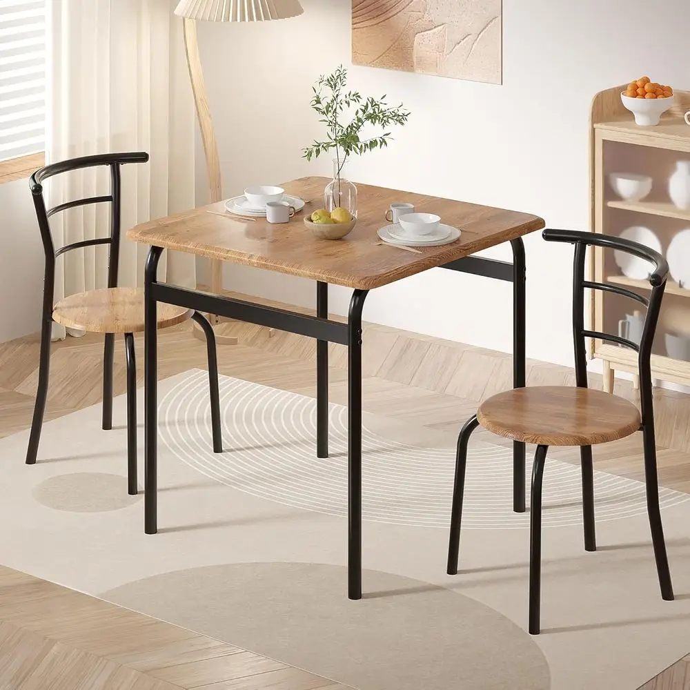 

3 Piece Dining Table & Chairs Set or 2, Metal and Wooden Square Kitchen Dinette Set or Small Space, Breakast Nook, Saving Space,