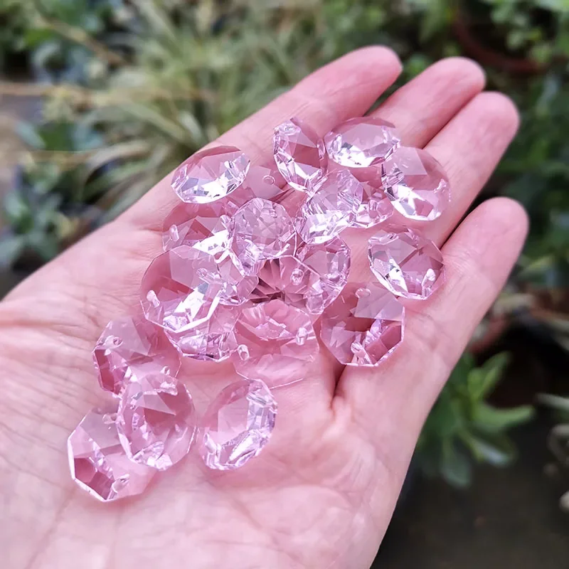 14mm Crystal Prism 2Holes Pink Octagonal Beads Prisms Suncatcher Glass Octagon Bead Chandelier Parts Garland Hanging Ornament