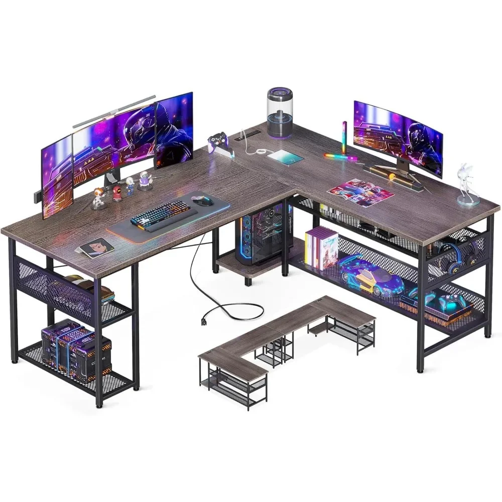 

59" L Shaped Desk with Power Outlet and USB Charging Ports, Reversible L Shaped Computer Desk with Storage Shelves