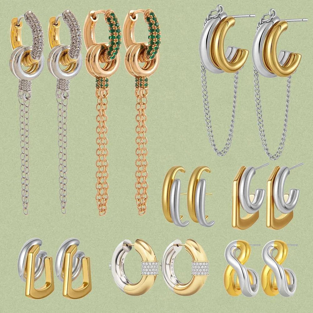 Pendientes de Aro Retro Impermeables con Cadena Larga Chapada en Oro de 18K y Zirconia, Color Oro y Plata Bicolor, Joyería para Oreja en Forma de O de Tubo Redondo con PVD