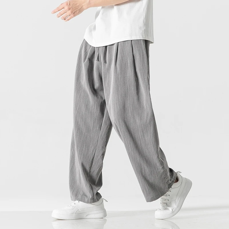 

Men Cotton Linen Wide Leg Pants Straight Leg Pants Summer Light Thin Elastic Waist Sweatpants Loose Oversize Solid Casual Pants