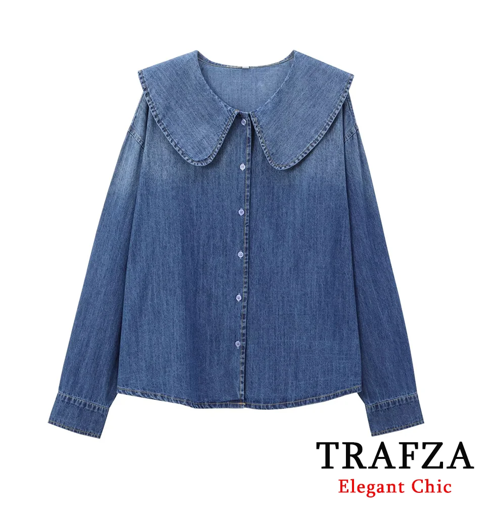 

TRAFZA-Women Fashion Denim Shirt Round Lapels Buttons Loose Shirt New 2024 Spring Autumn Sweet Casual Denim Shirt