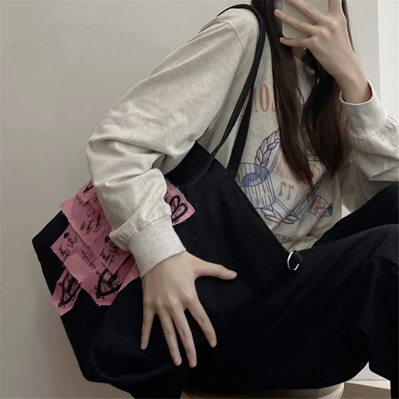 Slung Niche Black College Students Tote Bags 2024 New Large-capacity Fashion One-shoulder Canvas Bag Female Shoulder Bags