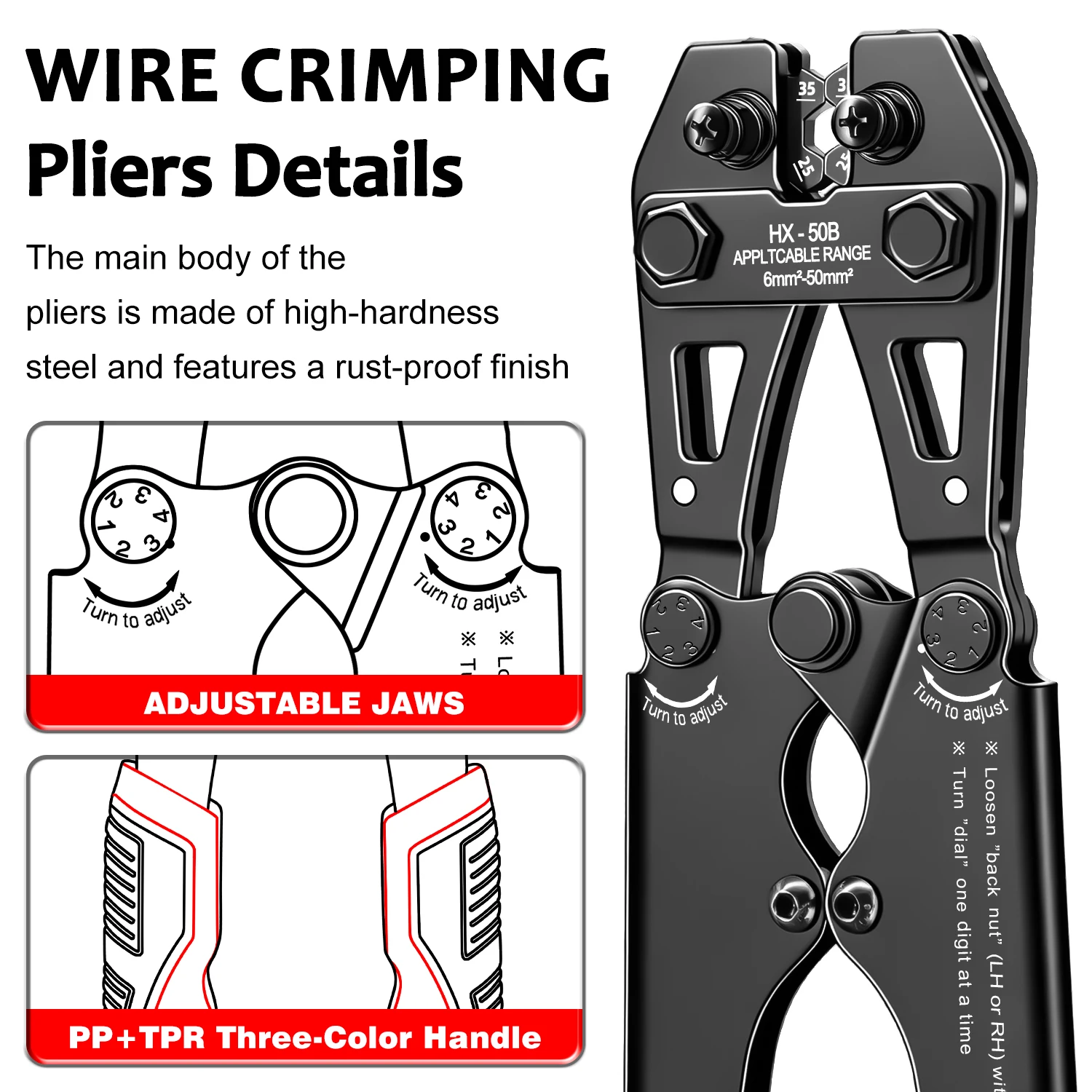 HX‑50B Heavy‑Duty Cable Lug Crimper Pliers 6‑50mm² AWG 10‑0 Hexagonal Crimp for Automotive Electrical Wire Terminal Hand Tool - view 3