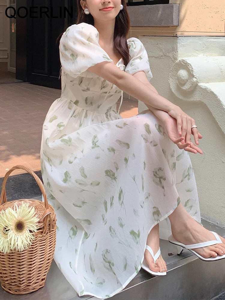 

QOERLIN Puff Sleeve Square Sleeve A-Line High Waist Long Dress Summer Printed Floral Dress Korean Fashion Elegant Holiday Cloth