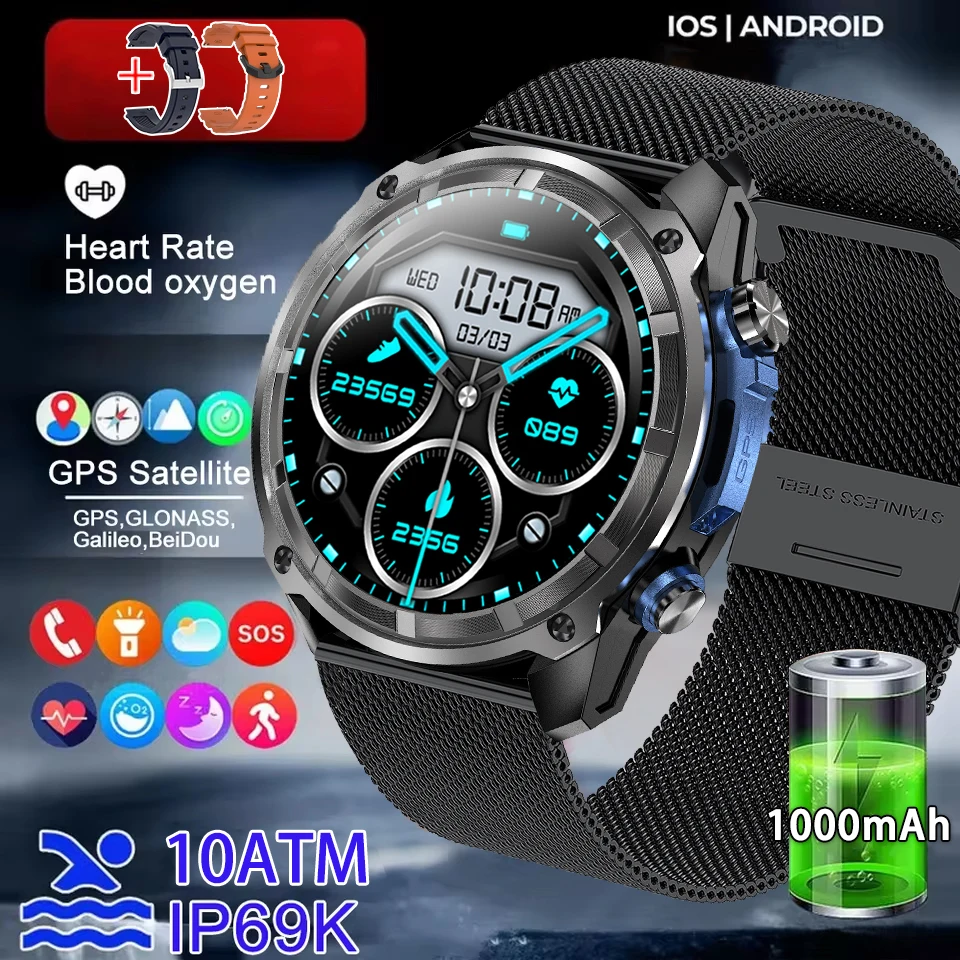 Nieuwe Mannen Militaire GPS Kaart Smart Horloge Volwassen 4GB Geheugen AMOLED HD Horloge 1000mAh Batterij 10ATM waterdichte Bluetooth Oproep Smartwatch