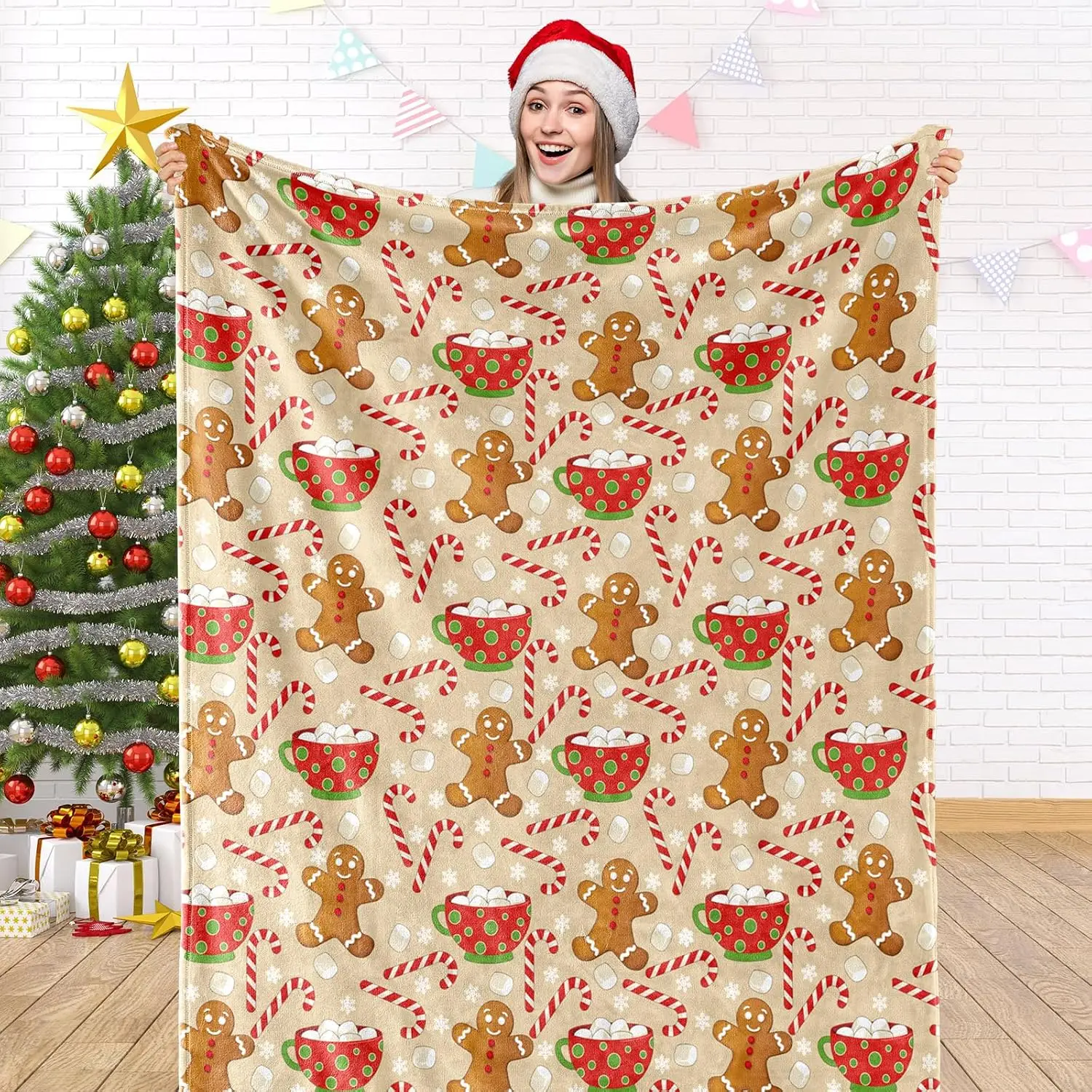 JarThenaAMCS Christmas Fuzzy Blanket Gingerbread Man Candy Cane Throw Blanket Xmas Winter Soft Cozy Flannel Blanket for Home Bed Sofa Couch Chair, 50 x 60 Inch