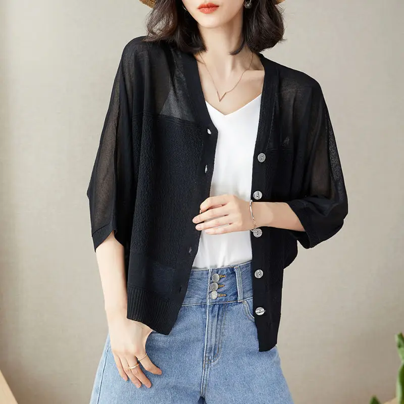 Women\'s Clothing Summer Fashion Elegant All Match Ice Silk Thin Knitted Cardigan Simple Solid V Neck 3/4 Sleeve Loose Chic Tops