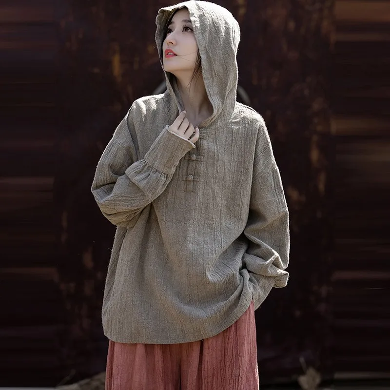 High Quality Cotton Linen Casual T-shirts Women New Arrival 2024 Autumn Vintage Style Solid Color Female Hooded T-shirts M063