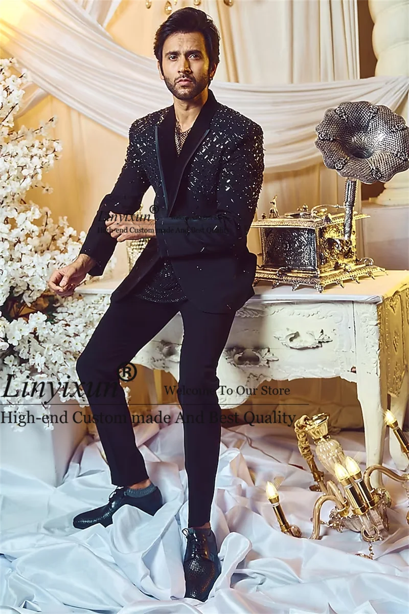 Glitter Crystals Mens Suits Peaked Lapel Groom Wedding Tuxedos 2 Pieces Sets Bridegroom Prom Blazers Fashion Costume Homme