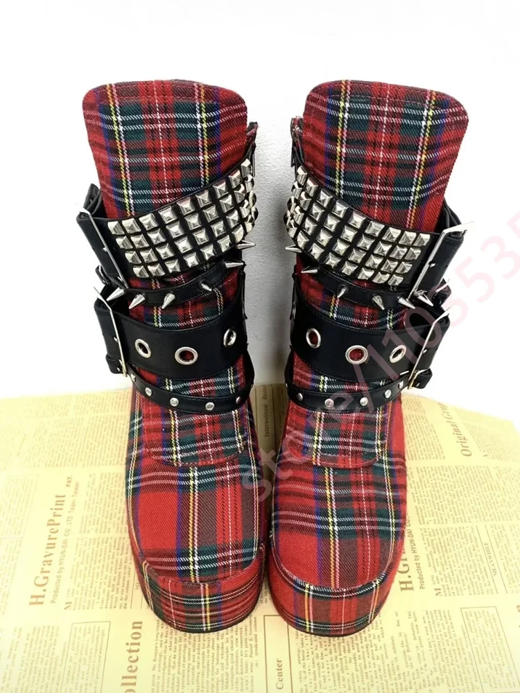 Women Red Plaid Wedge Platform Ankle Boots Multi‑Buckle Stud Spike Decor Side Zipper Punk Gothic Rock Cosplay Party Fashion Boot view 2
