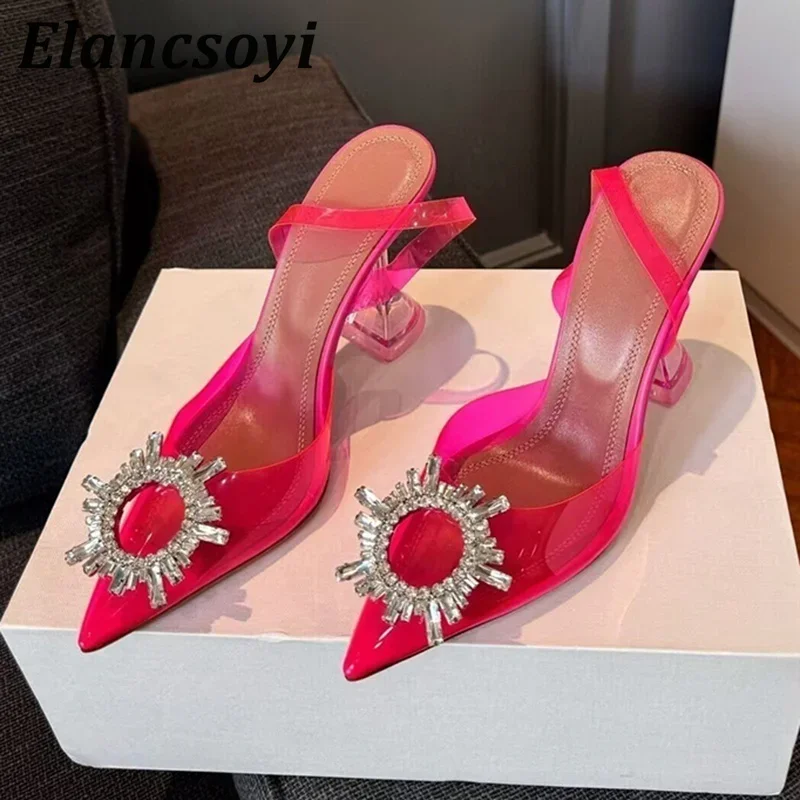 Verano cristal flor tacones altos mujeres transparente PVC Copa tacones Sandalias punta puntiaguda Correa trasera Sandalias Sexy vestido de fiesta zapatos