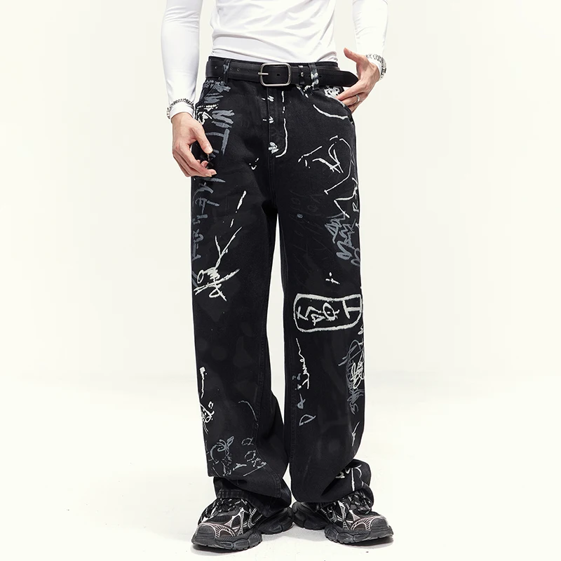 2024New Hip Hop American Street Inkjet Graffiti Printing Jeans Men's High Street Special-Interest Design Loose Straight Trousers