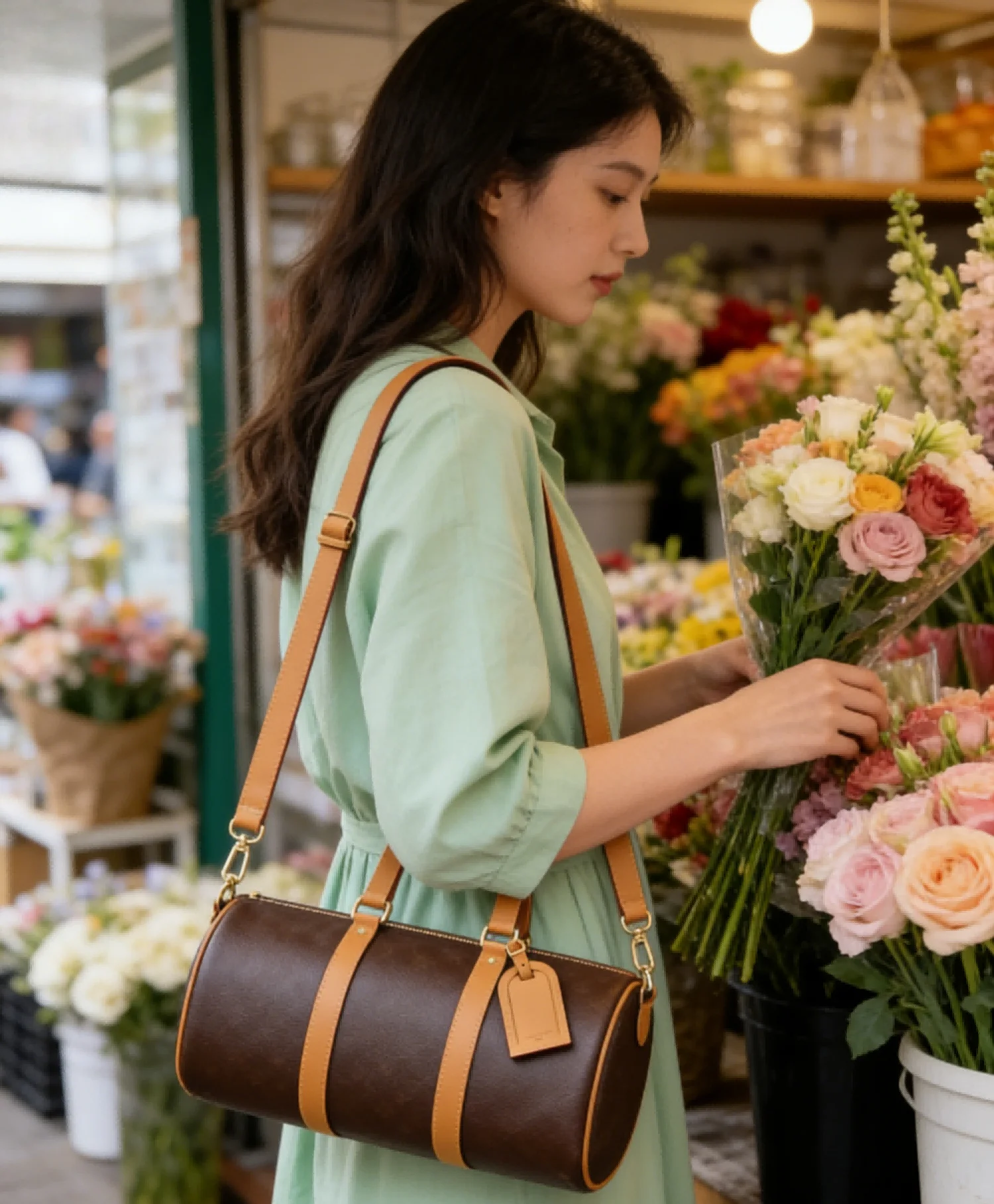 

Vintage Barrel Shoulder Bag, Contrast Trim Crossbody Purse, Durable Daily Handbag with Tag Decor for Carrying Essentials
