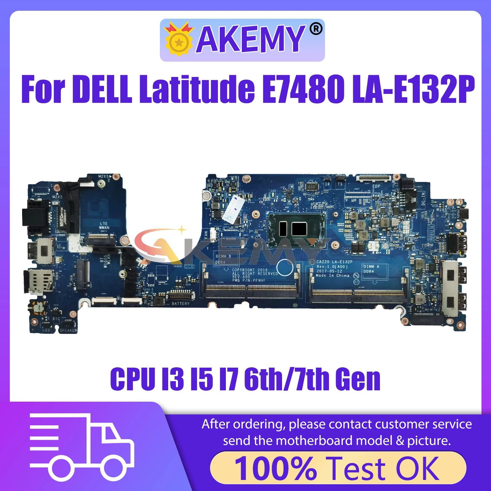 AKEMY LA-E132P Laptop Motherboard For Dell Latitude 7480 E7480 0HNP6J 0YF9VM 063J06 Notebook Mainboard I3 I5 I7 6th/7th CPU Gen