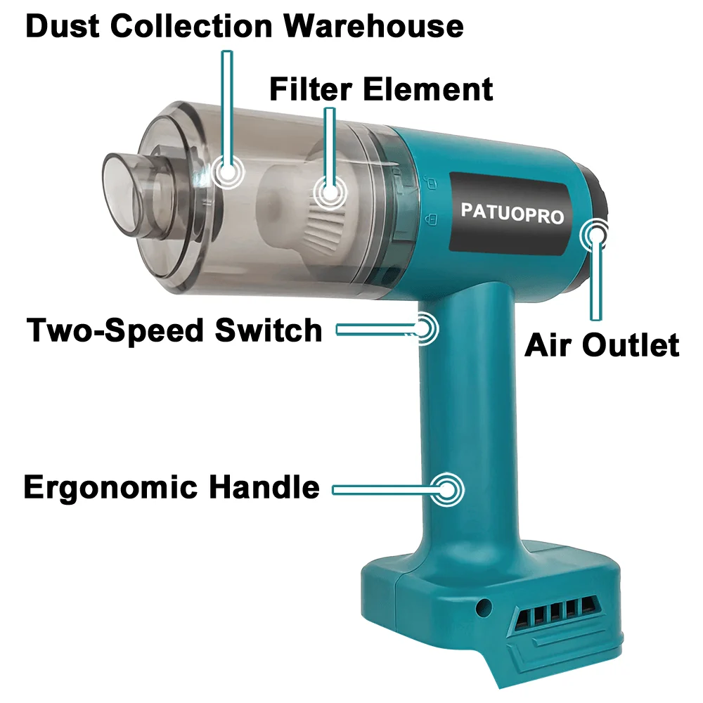 PATUOPRO Brushless Auto Mini Vacuum 2 in 1 Blowing And Suction 2 Speed Rechargeable Cleaning Power Tool For Makita 18V Battery image 3