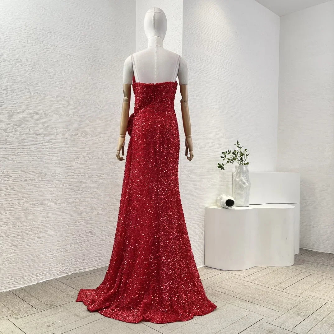 Vestido maxi feminino vermelho sem mangas com apliques de flores e lantejoulas com fenda lateral e costas nuas para festa