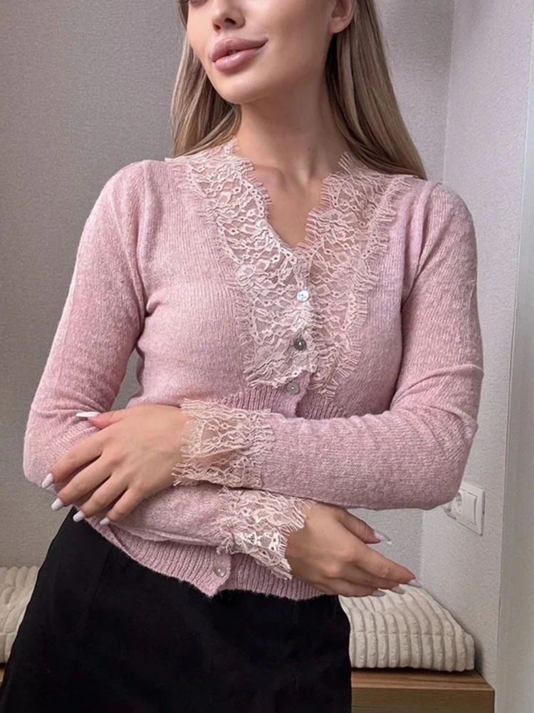 Elegant V-Neck Lace Cardigan for Women - Chic Knit Sweater
