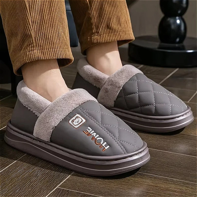 Men Women Waterproof Slippers PU Upper EVA Thick Soft Sole Plush Winter Warm Non Slip Indoor Home Footwear Outdoor Bedroom Shoes
