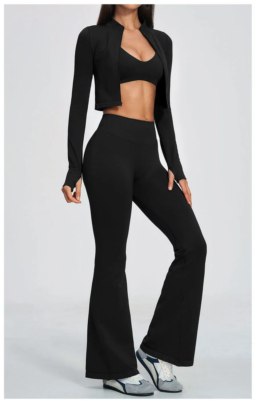 Damen-Trainingsanzug 3-teilig, Yoga-Anzug, nahtloses Sportset, ausgestellte Leggings, Fitness- und Laufoutfit, langärmelige Sportjacke, Yoga-Bekleidung – Detail 21