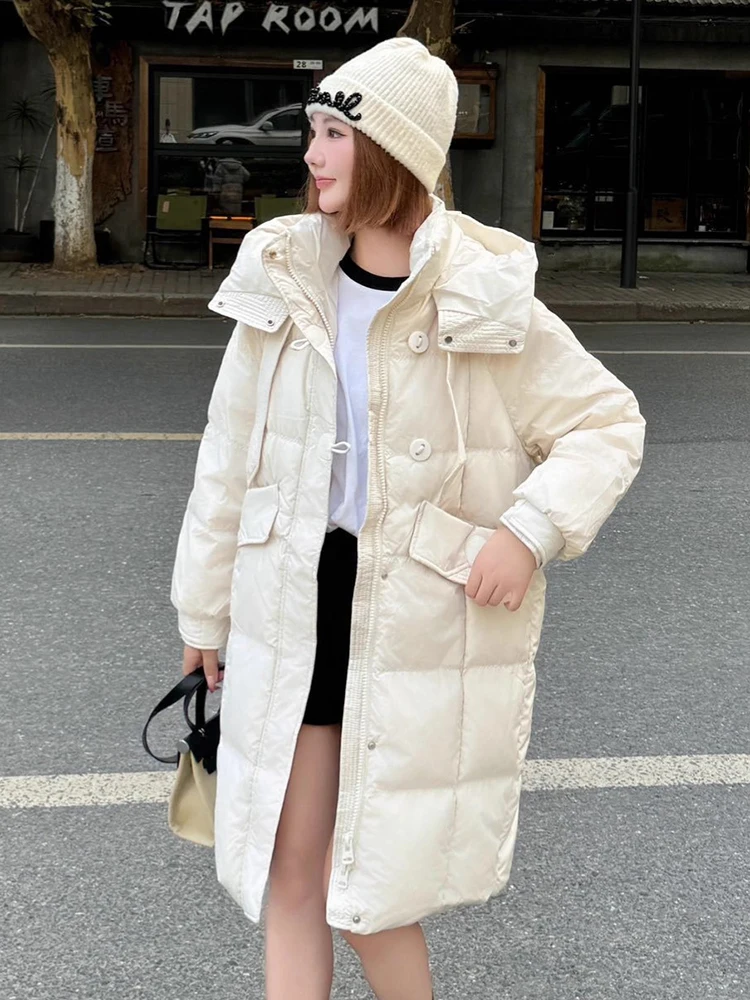 

Winter Thicken Mid Length Hooded Down Jacket Women White Duck Down Pocket Parker Outwears Female Warm Zipper Waterproof Jackets